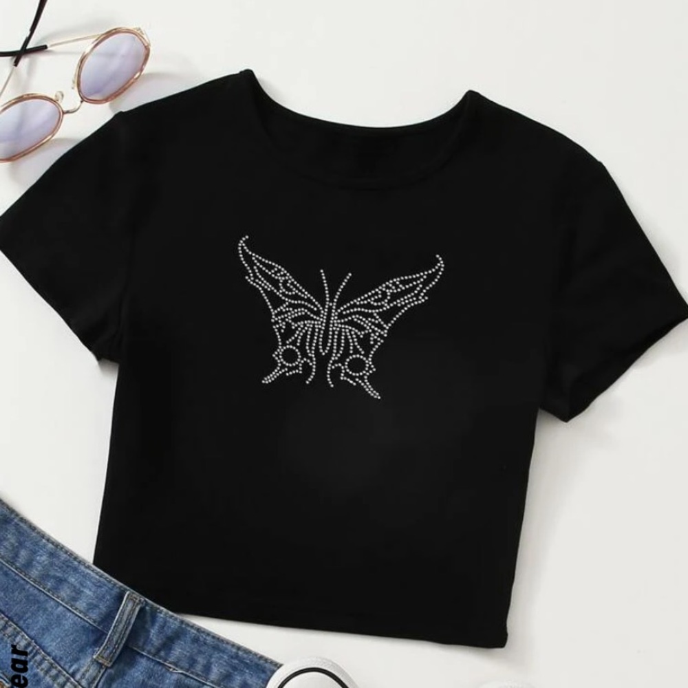 Shein Rhinestone Butterfly Cropped T-Shirt